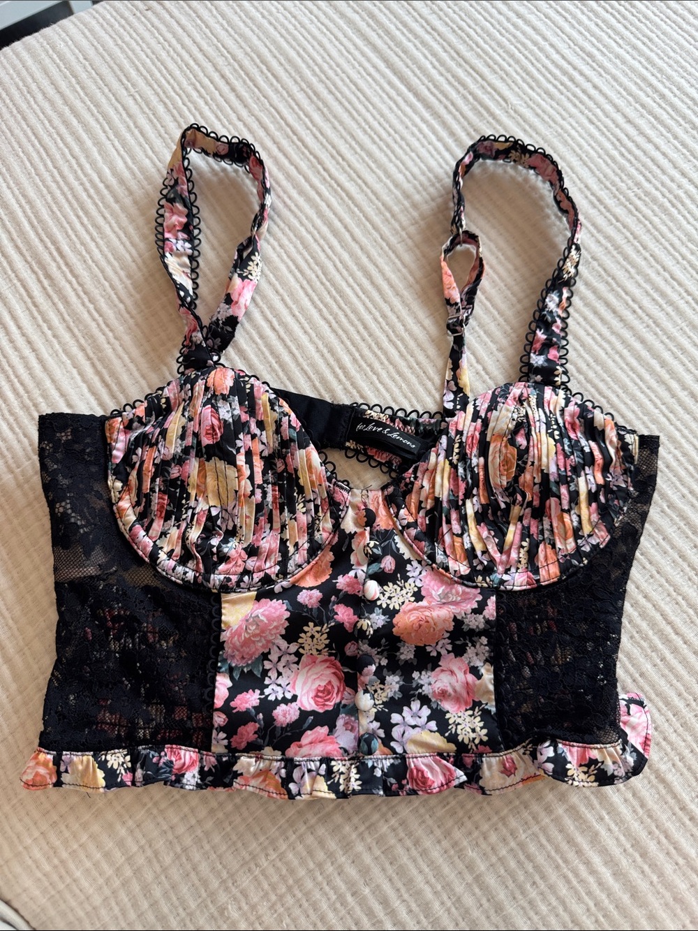 For Love & Lemons Black Floral Lace Bustier Tank with Pink Rose Print